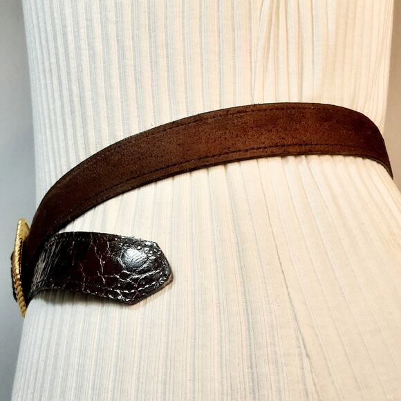 Western Style Belt Large Sz Suede Reptile Print Leather Jumbo Gold Tone Buckle main image 5